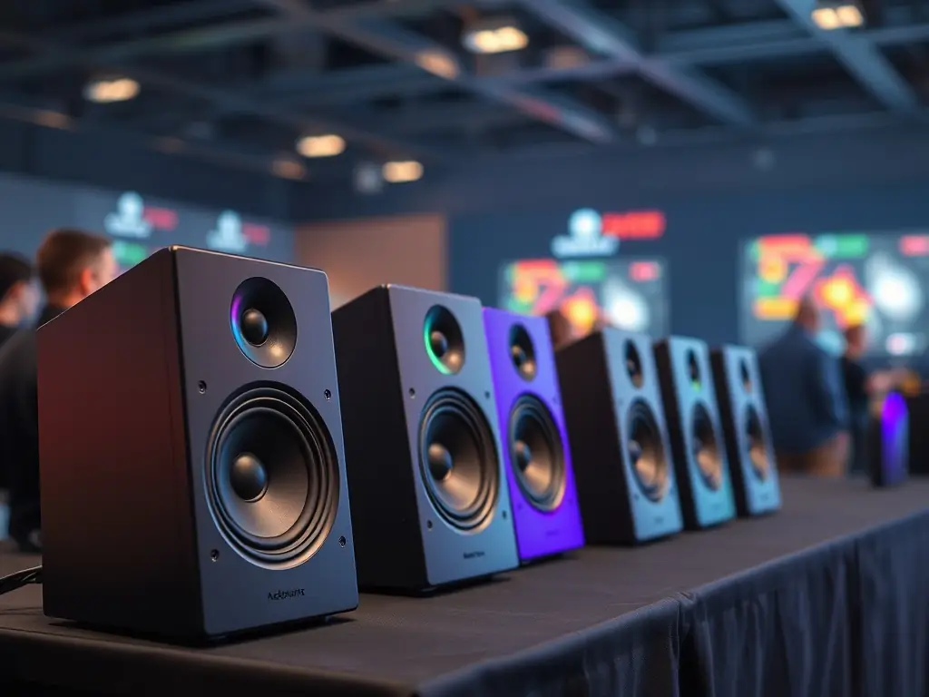 A set of high-performance speakers, emphasizing their role in creating an immersive and engaging environment for e-sports events. The setting is a community gaming tournament.