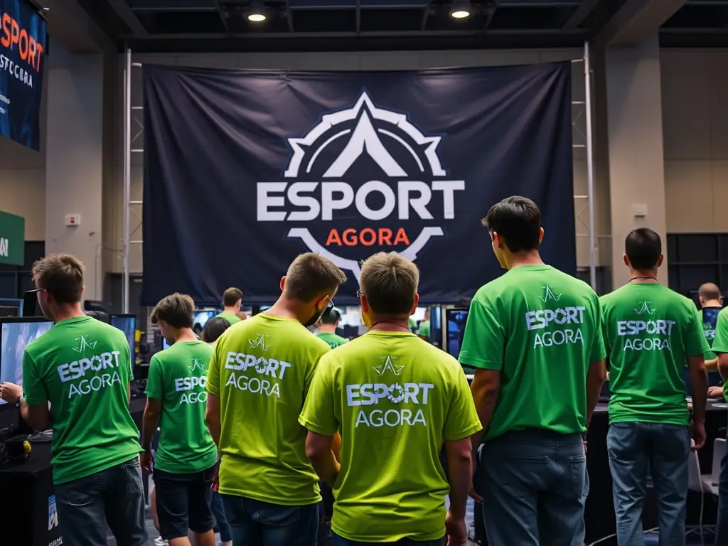 A photo of volunteers assisting with an e-sports event, highlighting their dedication to promoting digital inclusion and community engagement, with the ESPORT AGORA logo visible in the background.