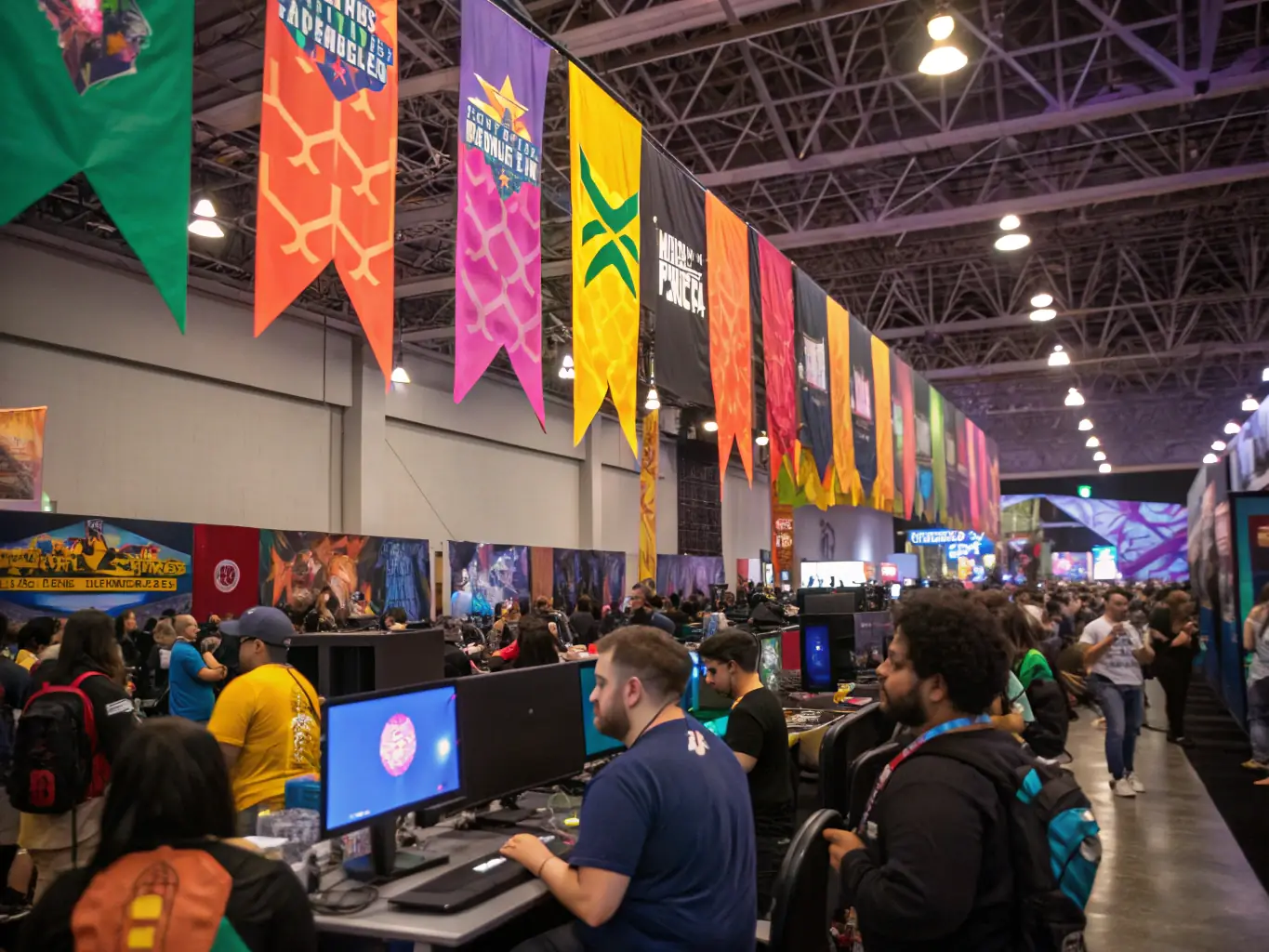 A diverse group of ESPORT AGORA members volunteering at a community event, organizing gaming activities for children and families. The scene is lively and engaging, showcasing the organization's commitment to social inclusion and community involvement.