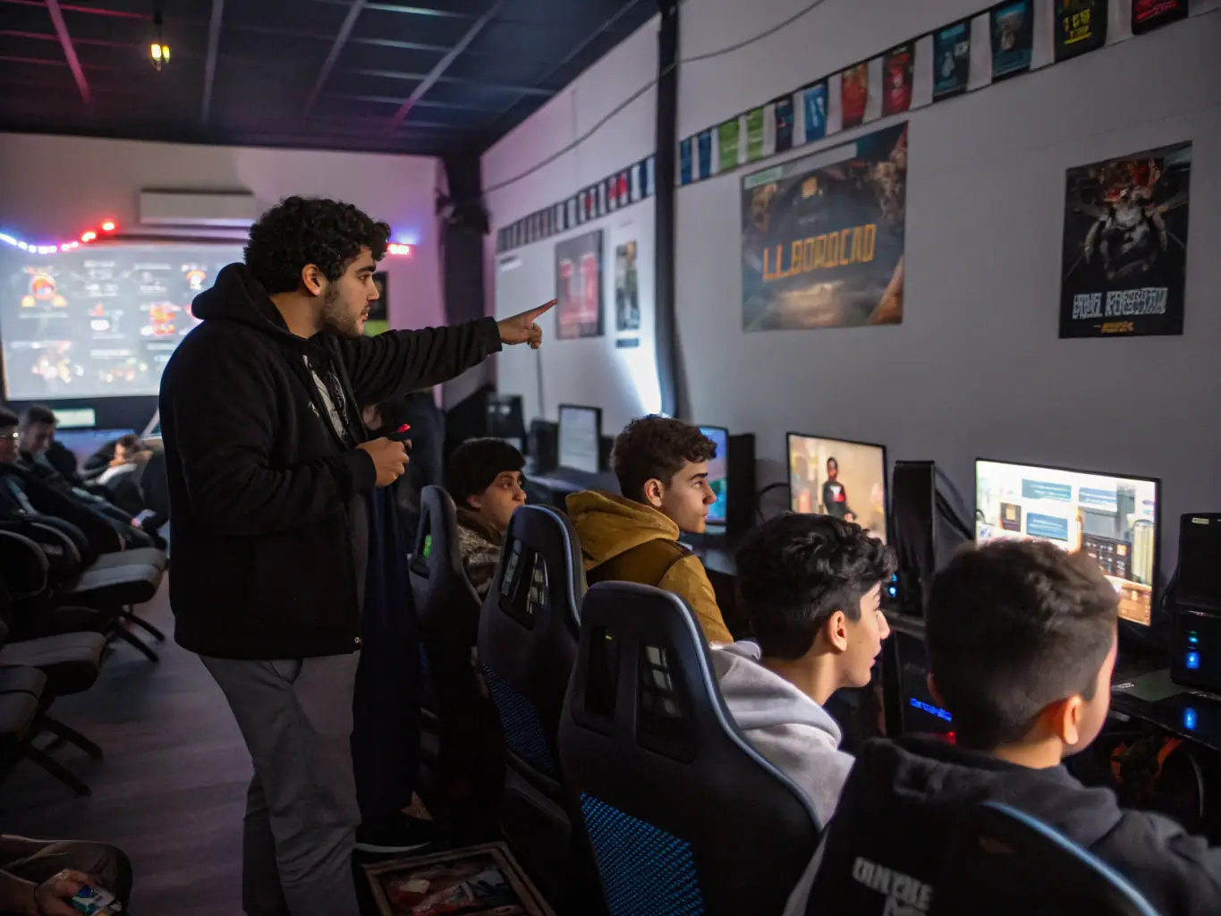 An image of young adults participating in an ESPORT AGORA workshop, learning about game strategy and teamwork, set in a modern, tech-equipped training room.