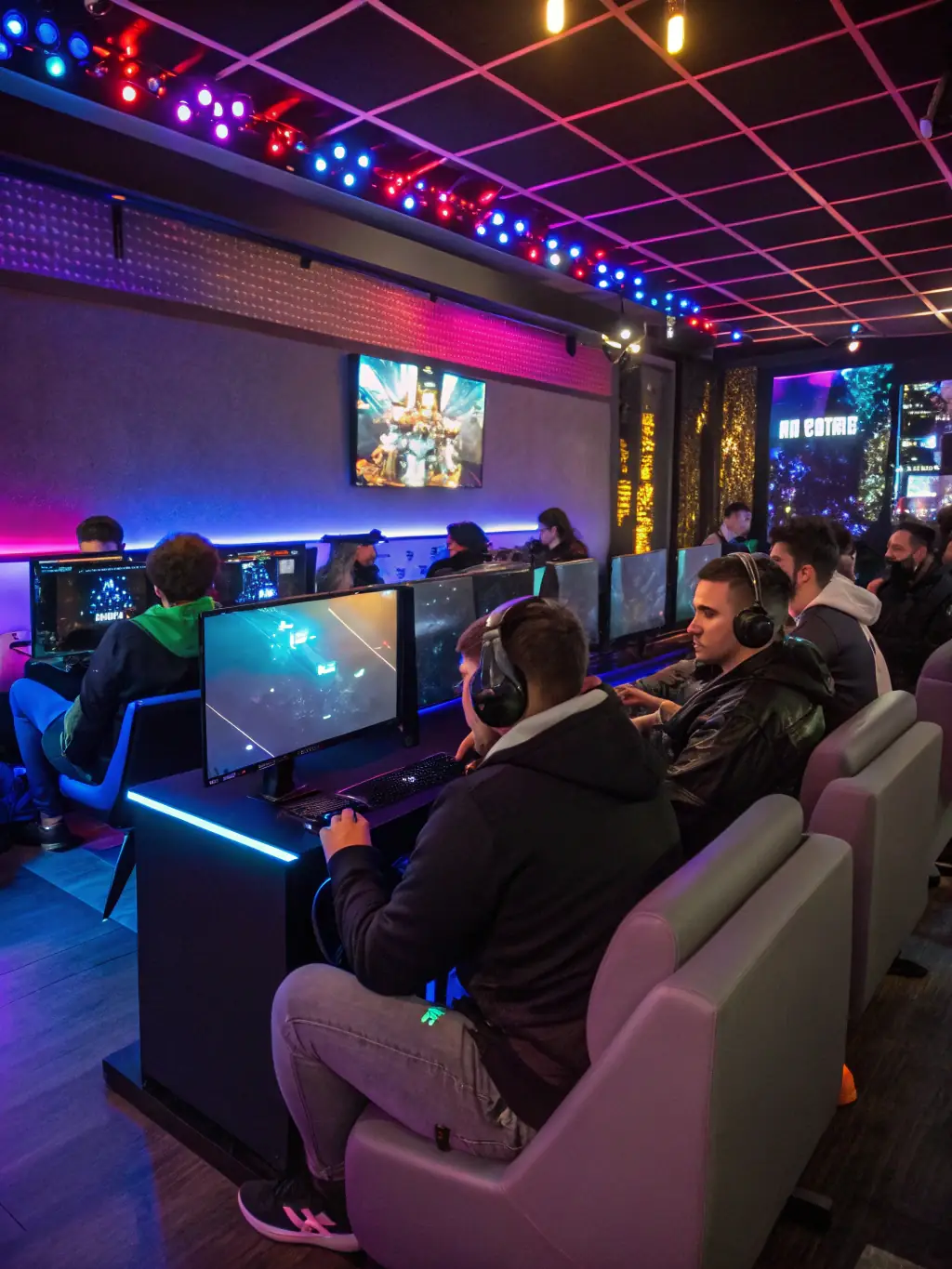 A group of young adults participating in an esports training workshop, focused on improving their gaming skills and teamwork, set in a modern, tech-equipped training facility.