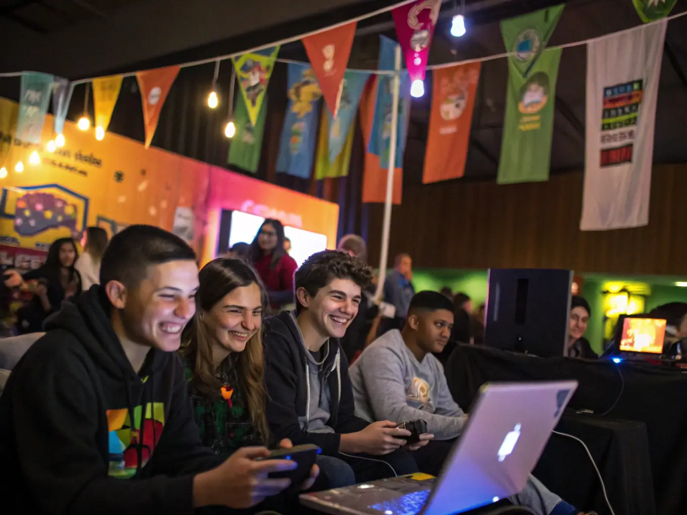 A group of young adults participating in an e-sports workshop, focused on developing their gaming skills and digital literacy, set in a modern, brightly lit community center.