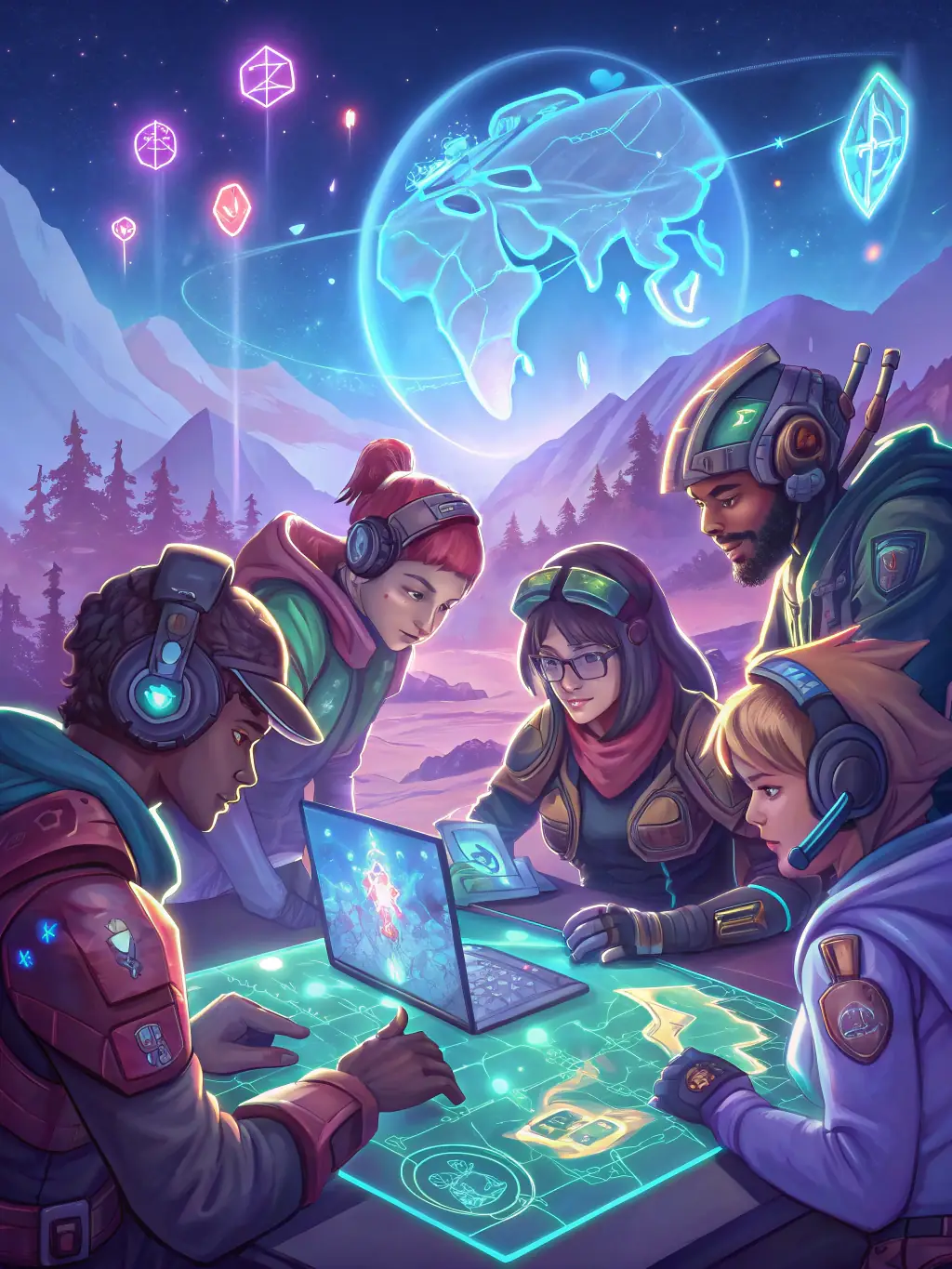 A diverse group of young adults participating in an esports workshop, focused on learning advanced gaming strategies and teamwork, set in a modern, tech-equipped training facility.