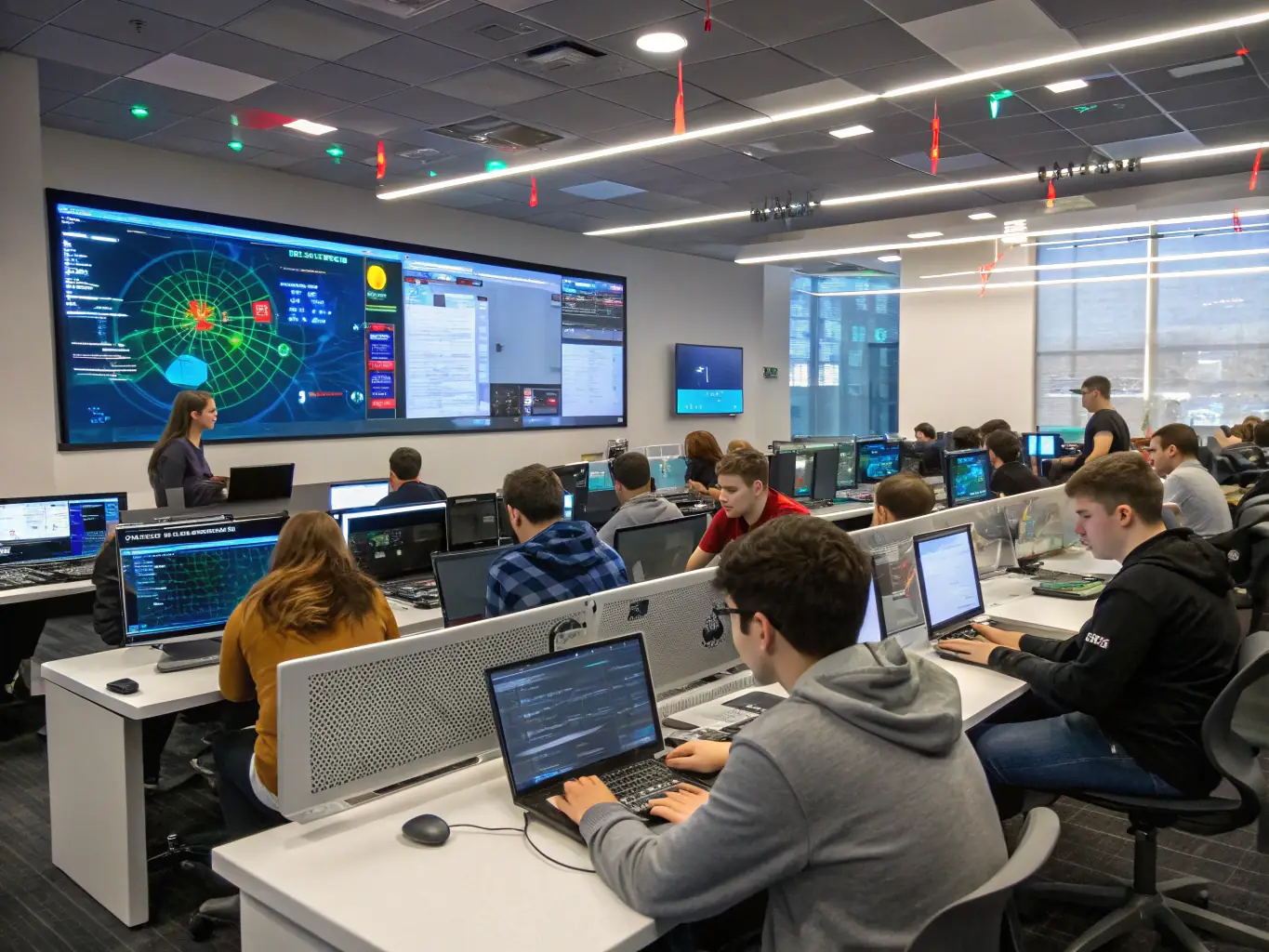 A group of young adults participating in an ESPORT AGORA workshop, focused on developing their gaming skills and digital literacy. The setting is a modern, well-equipped computer lab, with instructors providing guidance and encouragement.
