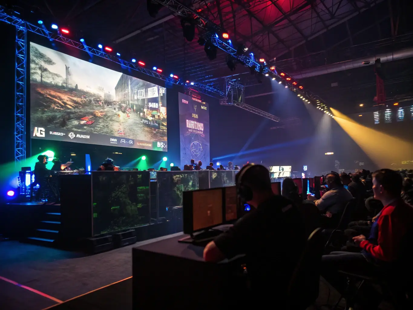 A dynamic image of ESPORT AGORA members participating in a competitive e-sports tournament, highlighting the excitement and skill involved.