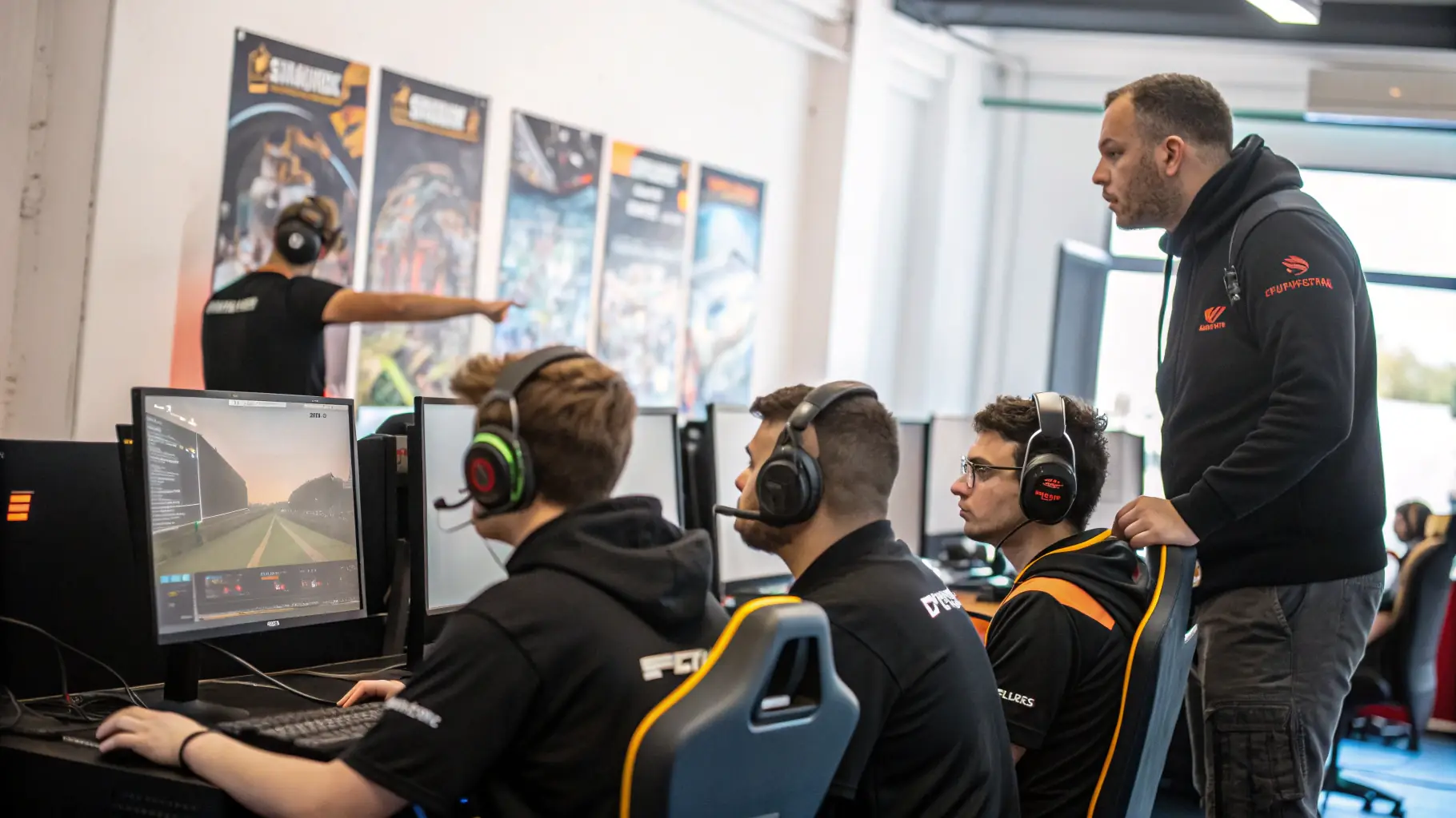 A group of young people participating in an e-sports training session, focused on teamwork and strategy.
