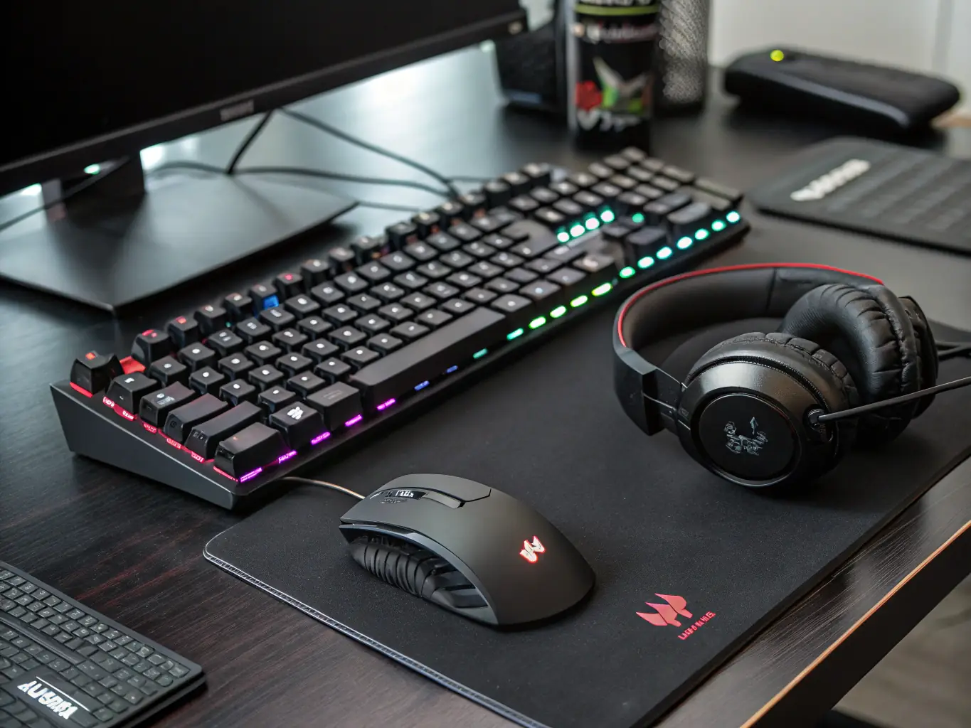 An assortment of gaming accessories, including controllers, keyboards, and mice, highlighting their importance in skill development and competitive gaming. The scene is a training session.