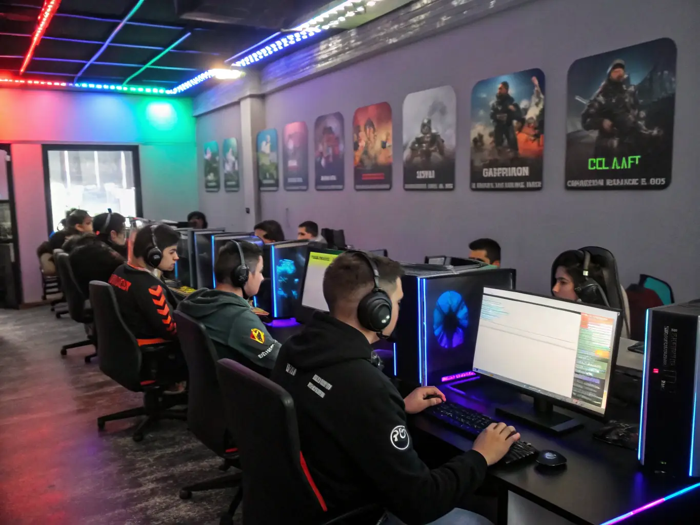 ESPORT AGORA members utilizing state-of-the-art gaming equipment and resources at the organization's headquarters. The environment is professional and conducive to learning, with access to the latest technology and software.