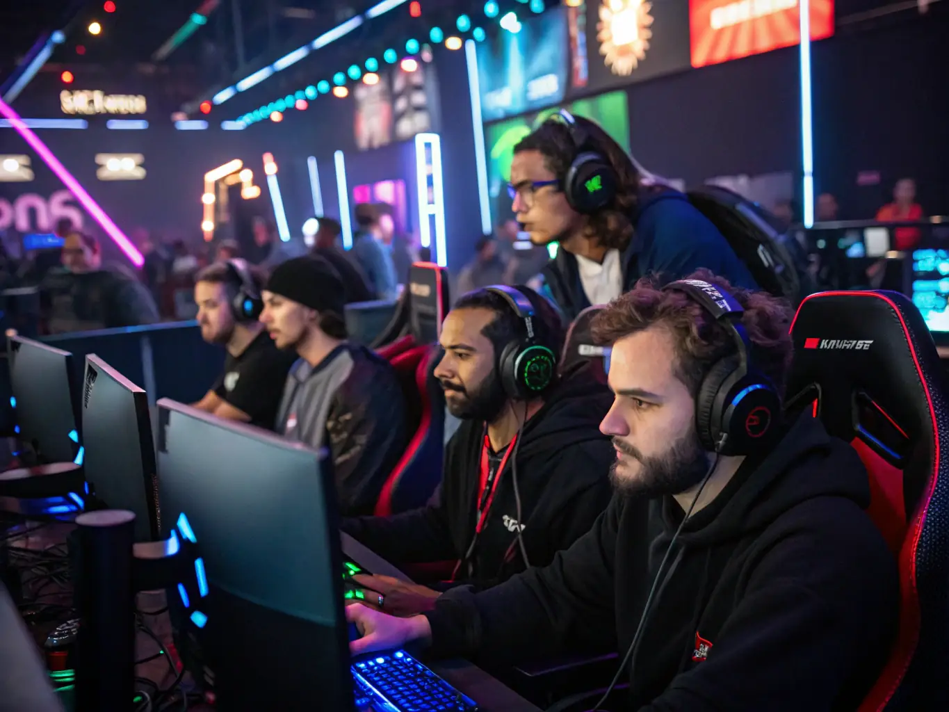 A diverse team of e-sports players competing in a local community tournament, showcasing teamwork and sportsmanship, with spectators cheering them on.
