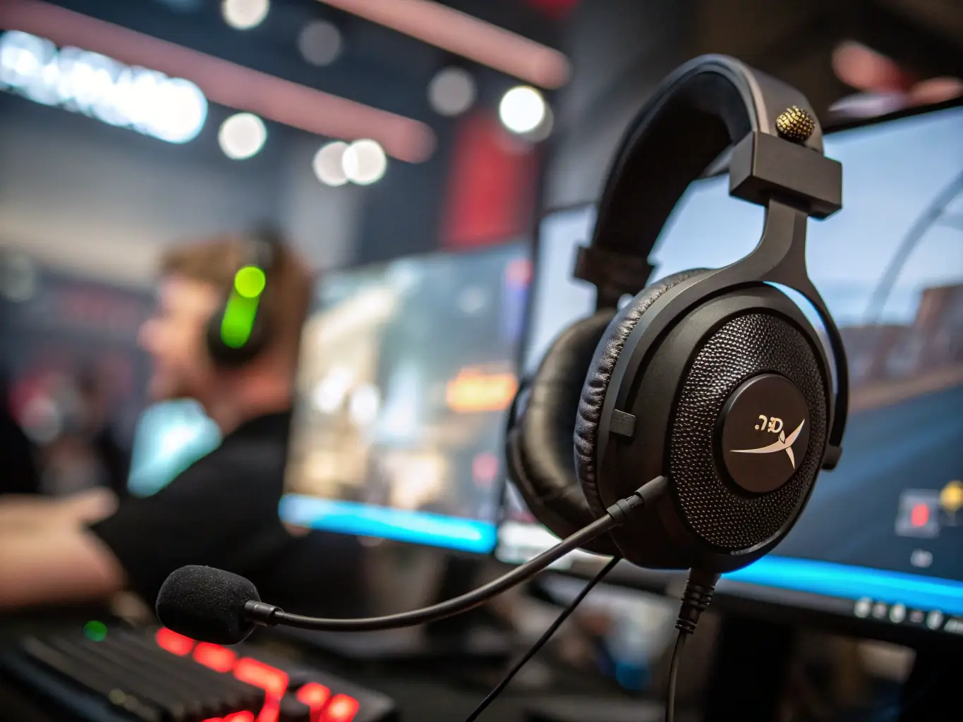 A high-quality gaming headset with a microphone, showcasing its use in clear communication during e-sports training sessions. The background shows a diverse group of young participants engaged in a workshop.